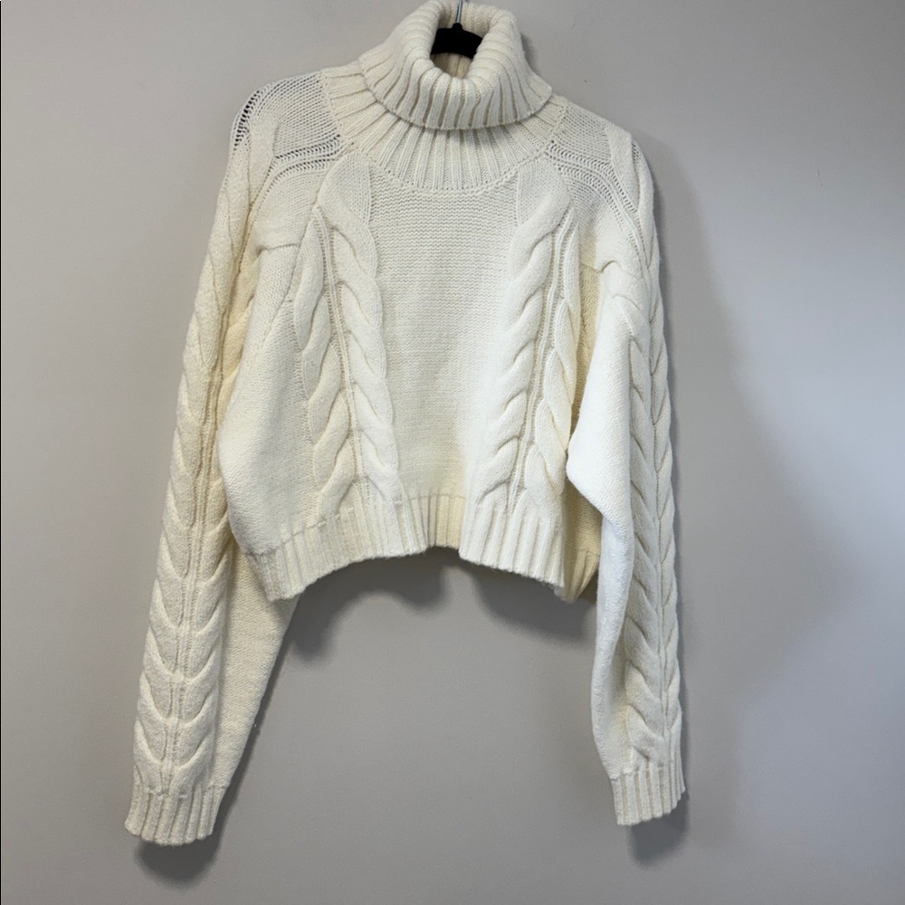 Brunette The Label Adele Ivory Cable Knit Cropped Turtleneck Sweater - Picture 2 of 6